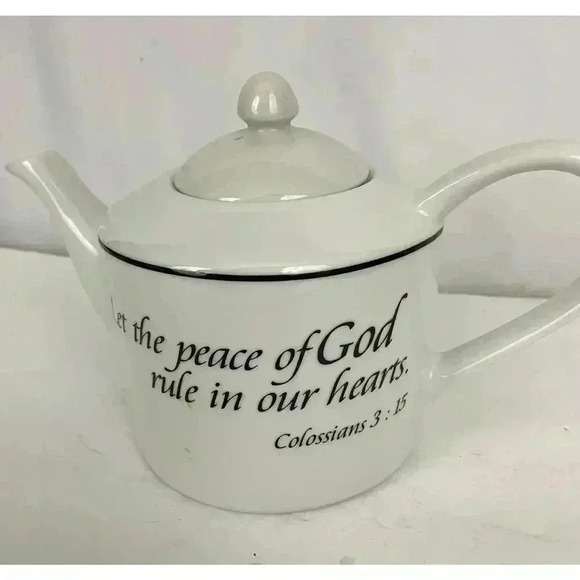 White Scripture Teapot Colossians 3:15 Peace of God Rule Hearts Microwave Safe - Picture 9 of 10